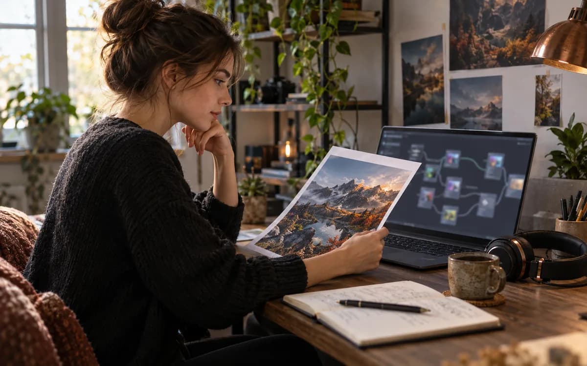Generated editorial photograph: Beginner creator reviewing an AI-generated landscape beside a laptop.