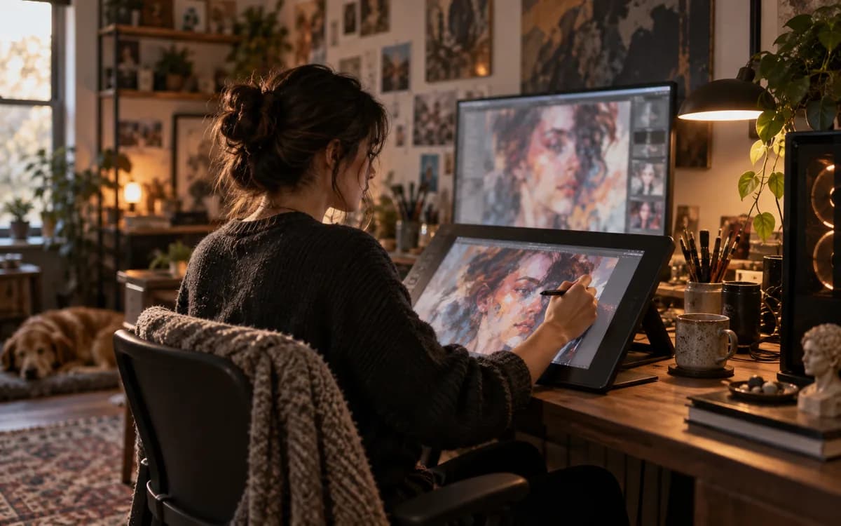 Generated editorial photograph: Digital artist refining a portrait on a pen display in a home studio.