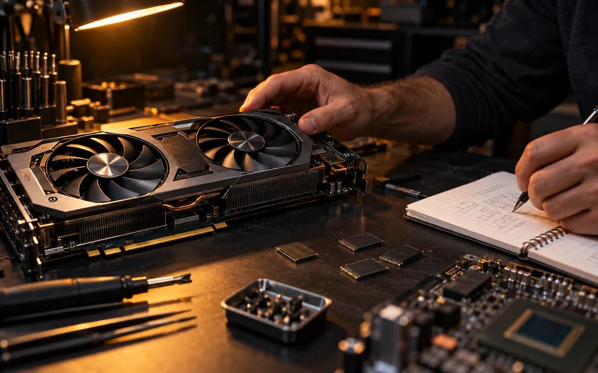 Generated editorial photograph: Graphics card and memory chips on a hardware workbench.