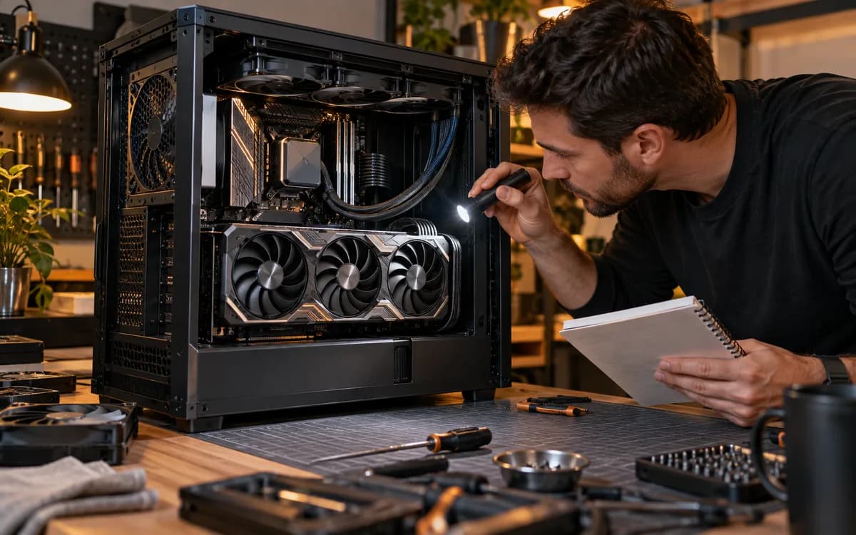 Generated editorial photograph: PC builder checking the graphics card and cooling inside an open workstation.