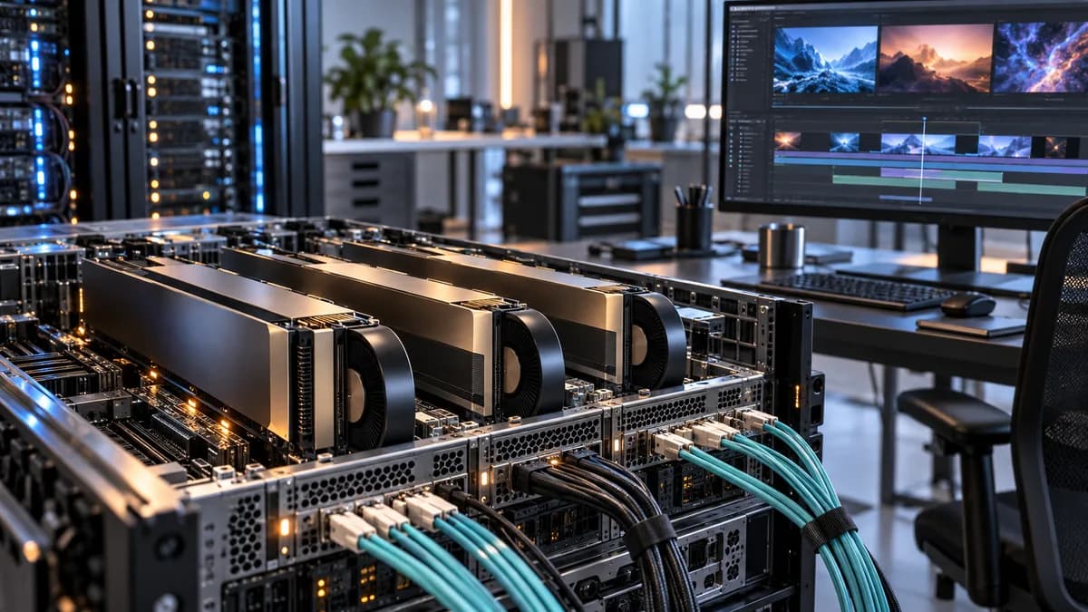 AI-generated editorial photograph of a multi-GPU server beside a video editing timeline, illustrating TaoMate H3 hardware requirements.