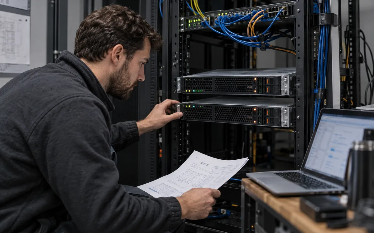 Generated editorial photograph: Engineer inspecting server hardware and notes in a small data room.