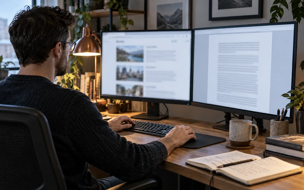 Generated editorial photograph: Data engineer reviewing a web research pipeline at a desktop workstation.
