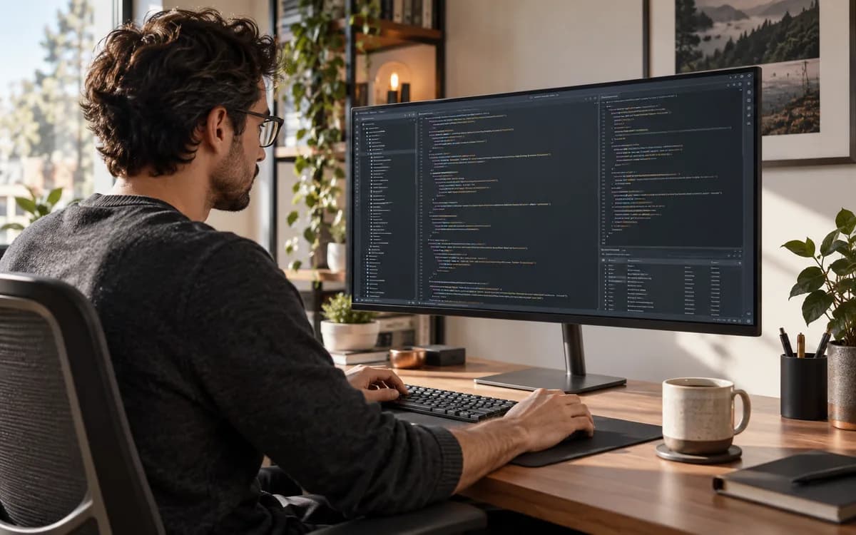 Generated editorial photograph: Developer using a large high-resolution monitor at a tidy desk.
