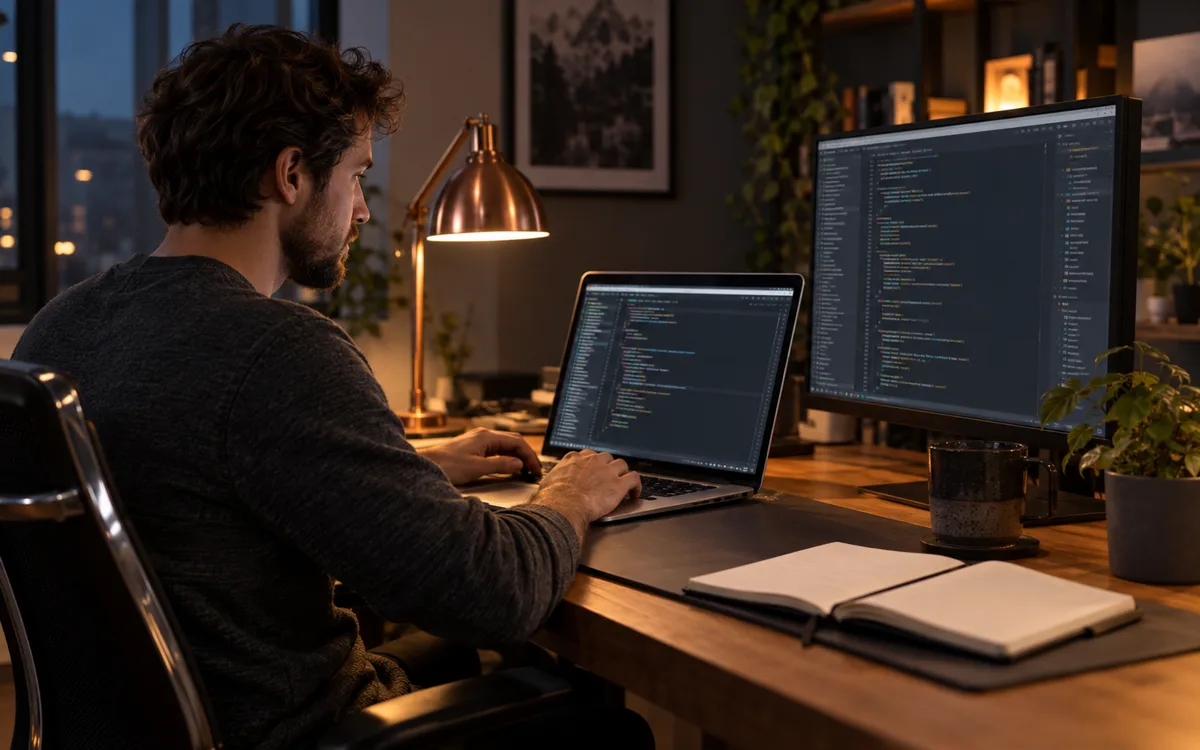 Generated editorial photograph: Developer working on a coding task at a laptop and external monitor.