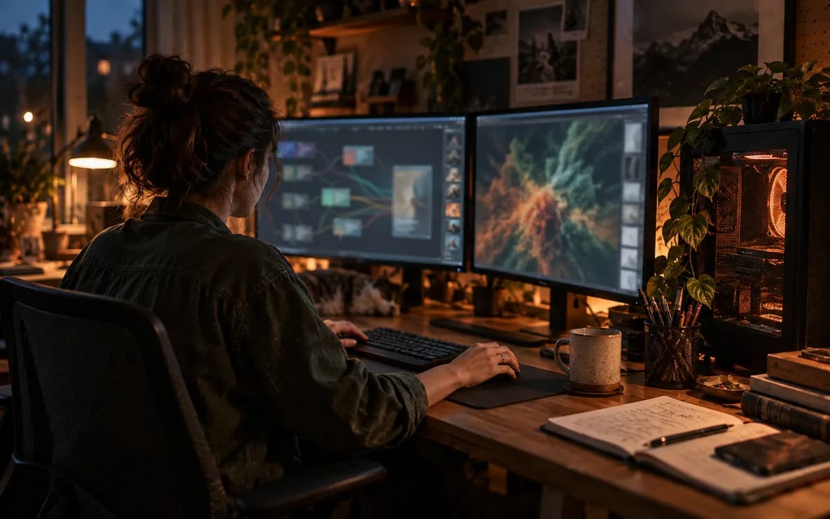 Generated editorial photograph: Creator working with a local AI workflow across two computer monitors.