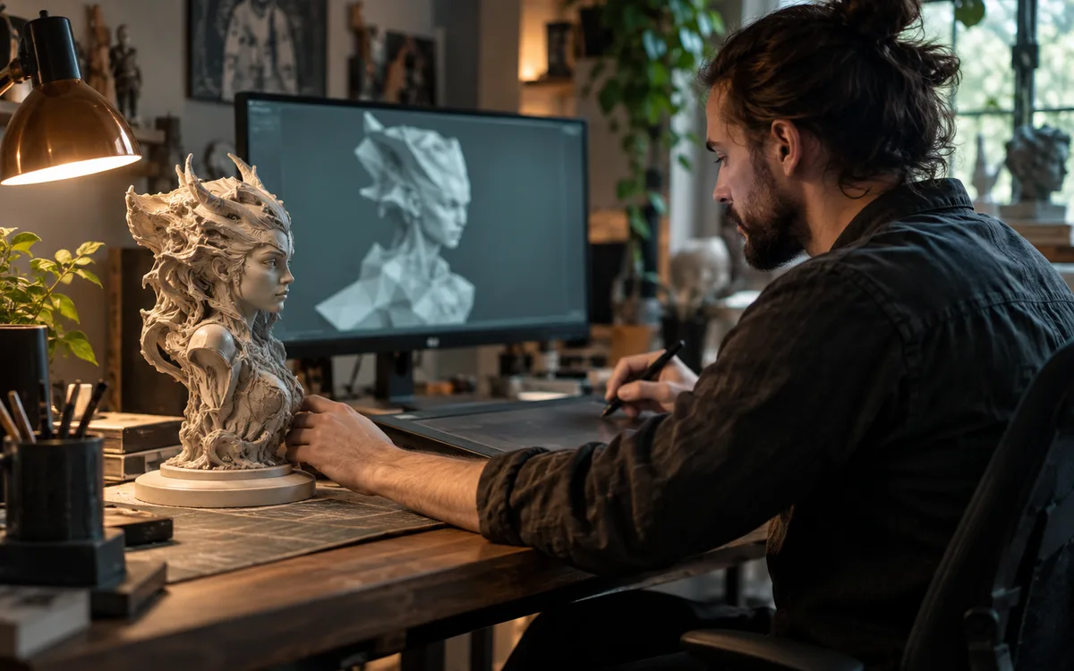 Generated editorial photograph: Digital sculptor inspecting a detailed 3D character model at a workstation.