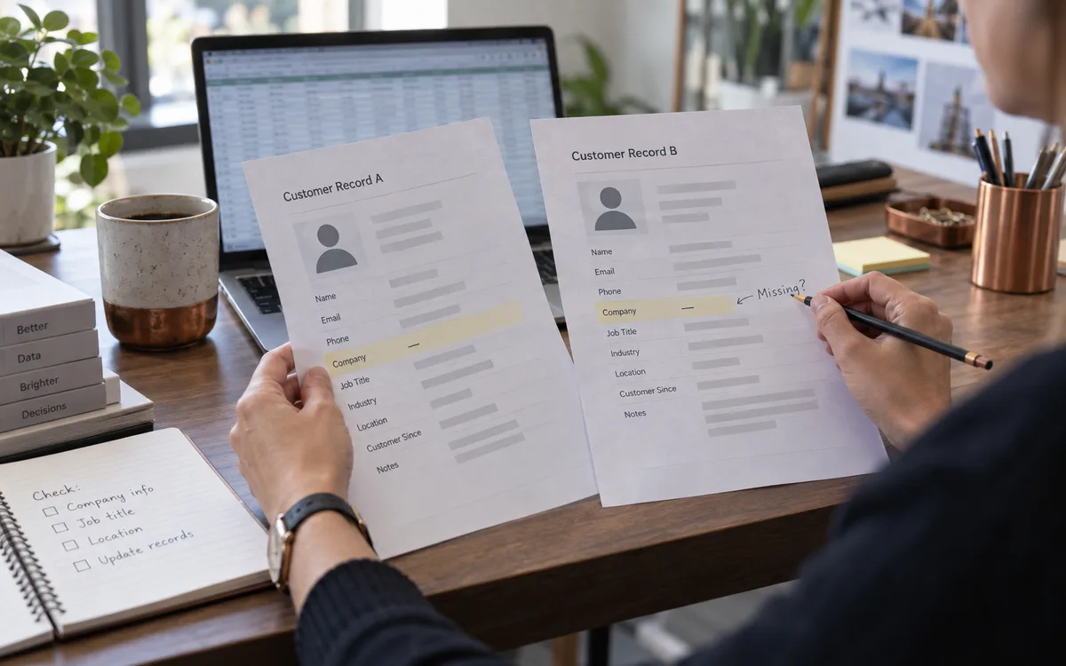 Generated editorial photograph: Analyst comparing two sample customer records to find missing company details.