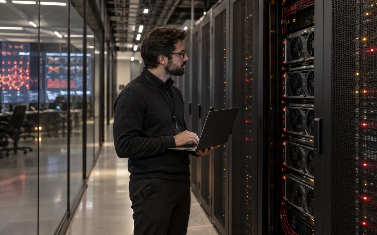 Generated editorial photograph: Platform engineer monitoring GPU servers in an enterprise data center.