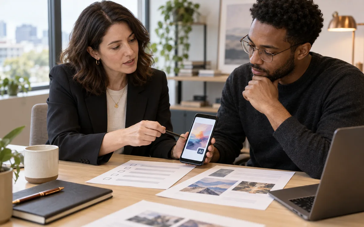 Generated editorial photograph: Developer and compliance lead reviewing a synthetic-media disclosure checklist.