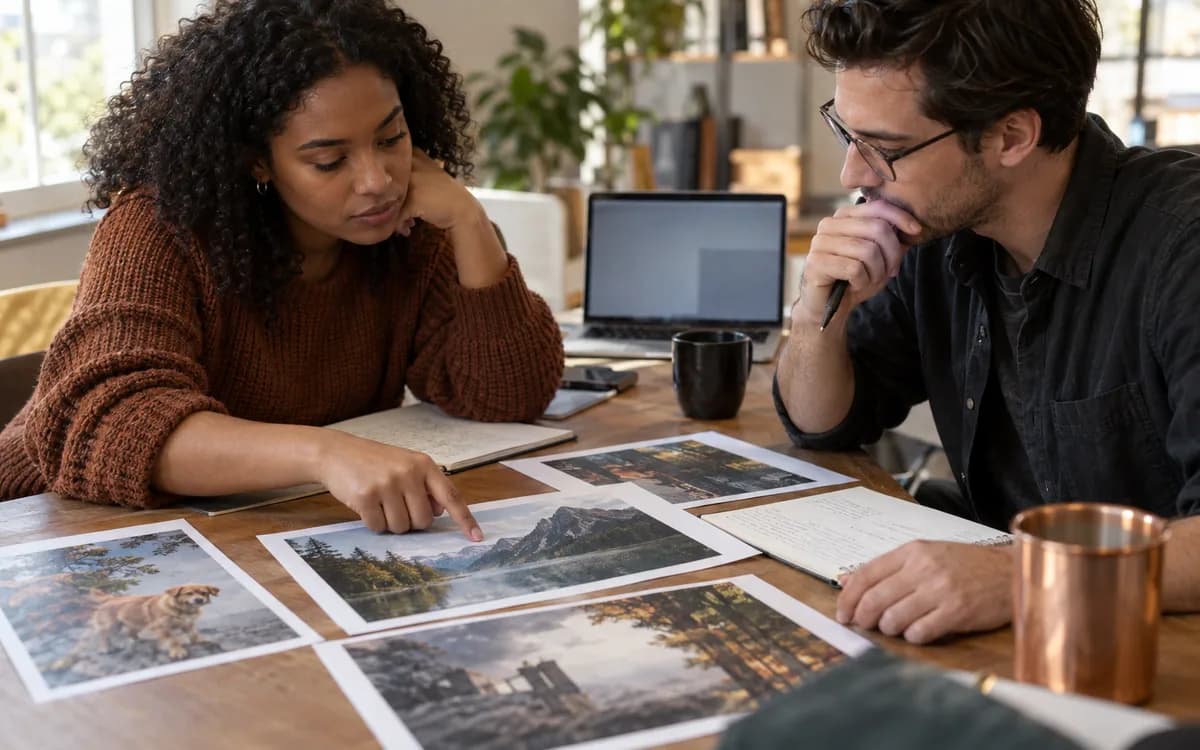 Generated editorial photograph: Researchers comparing generated image samples and evaluation notes.