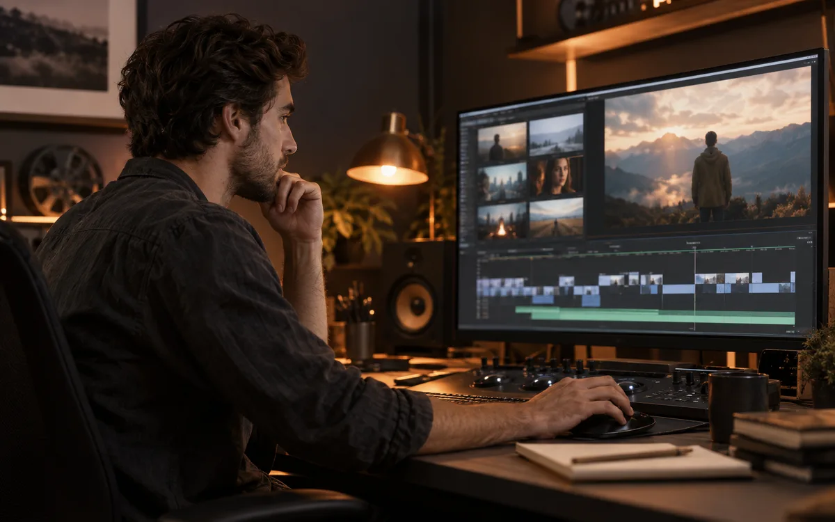 Generated editorial photograph: Video editor reviewing a sequence of generated clips on a large editing monitor.